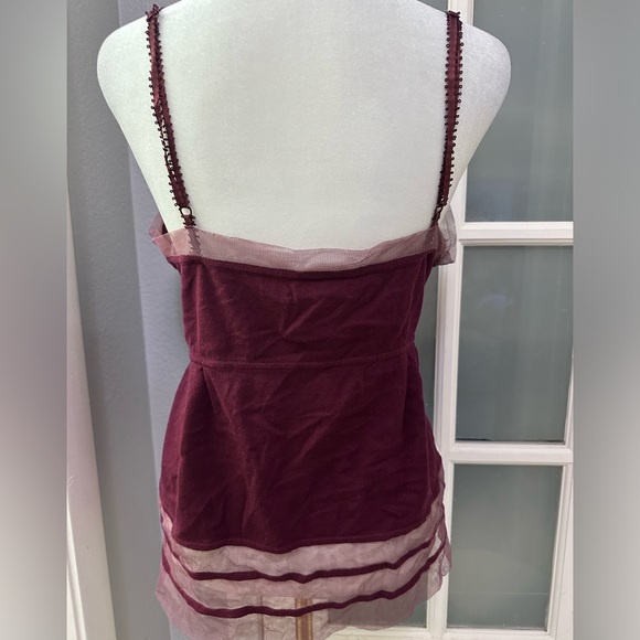 Catherine Malandrino Bordeaux Wine V-Neck Baby Doll Cami with Mesh Inserts Large - Picture 3 of 6